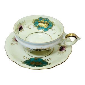 ROYAL SEALY England bone China Tea Cup Saucer Gold Trim Green Raised Gold Design